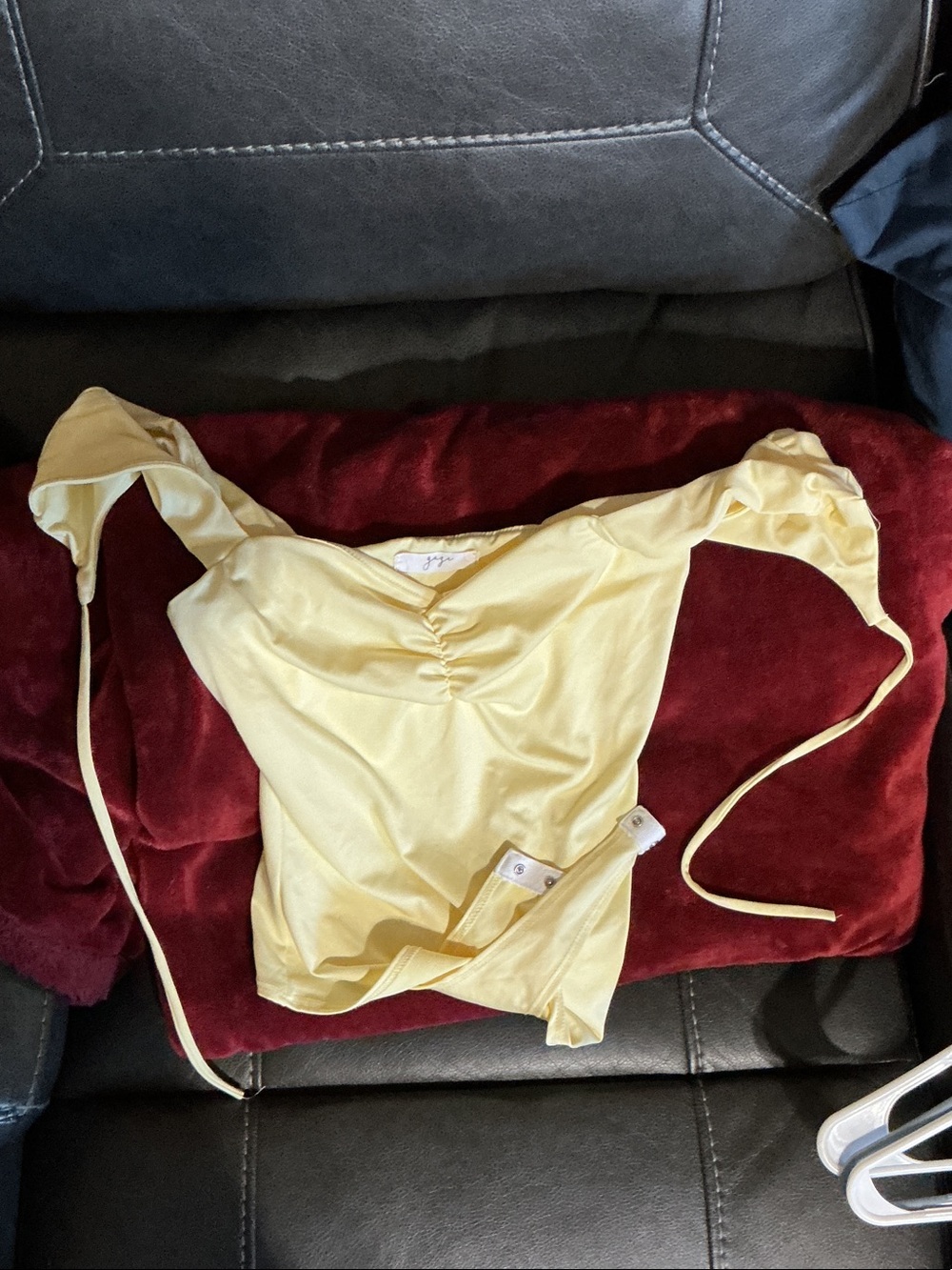 gaze Pale Yellow Satin Ruched Bandeau Bodysuit